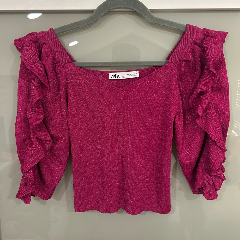 Zara Pink Ruffled Crop Blouse - Picture 2 of 7